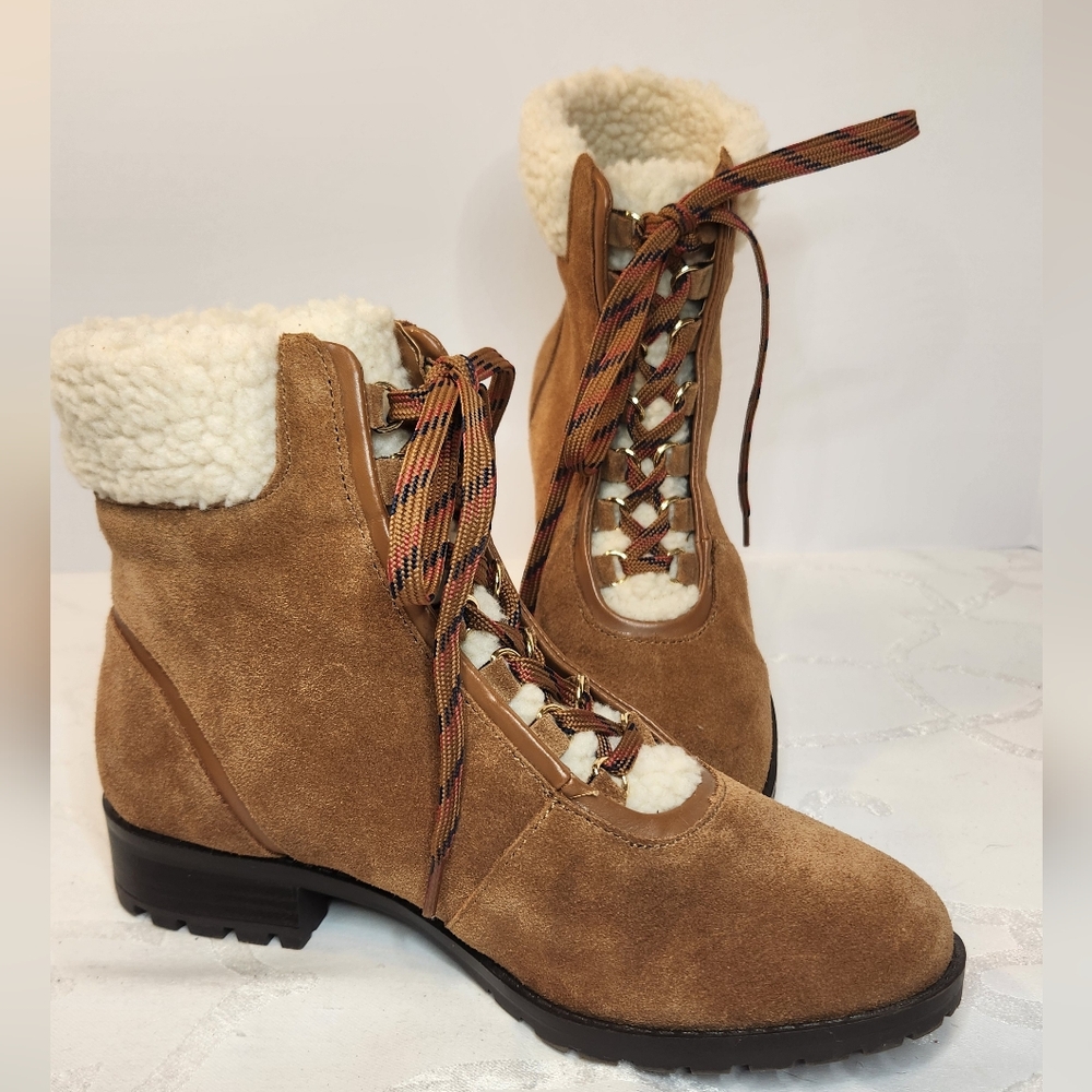Crown & Ivy June Cognac Leather Suede Faux Fur Trim Lug Sole Boot Size 6.5
